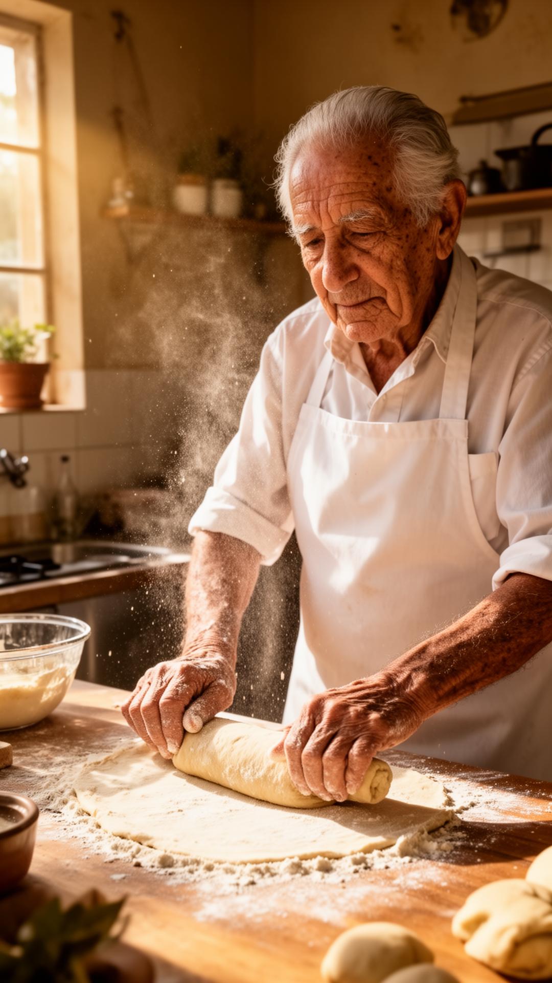Portuguese chef rolling dough by morning light