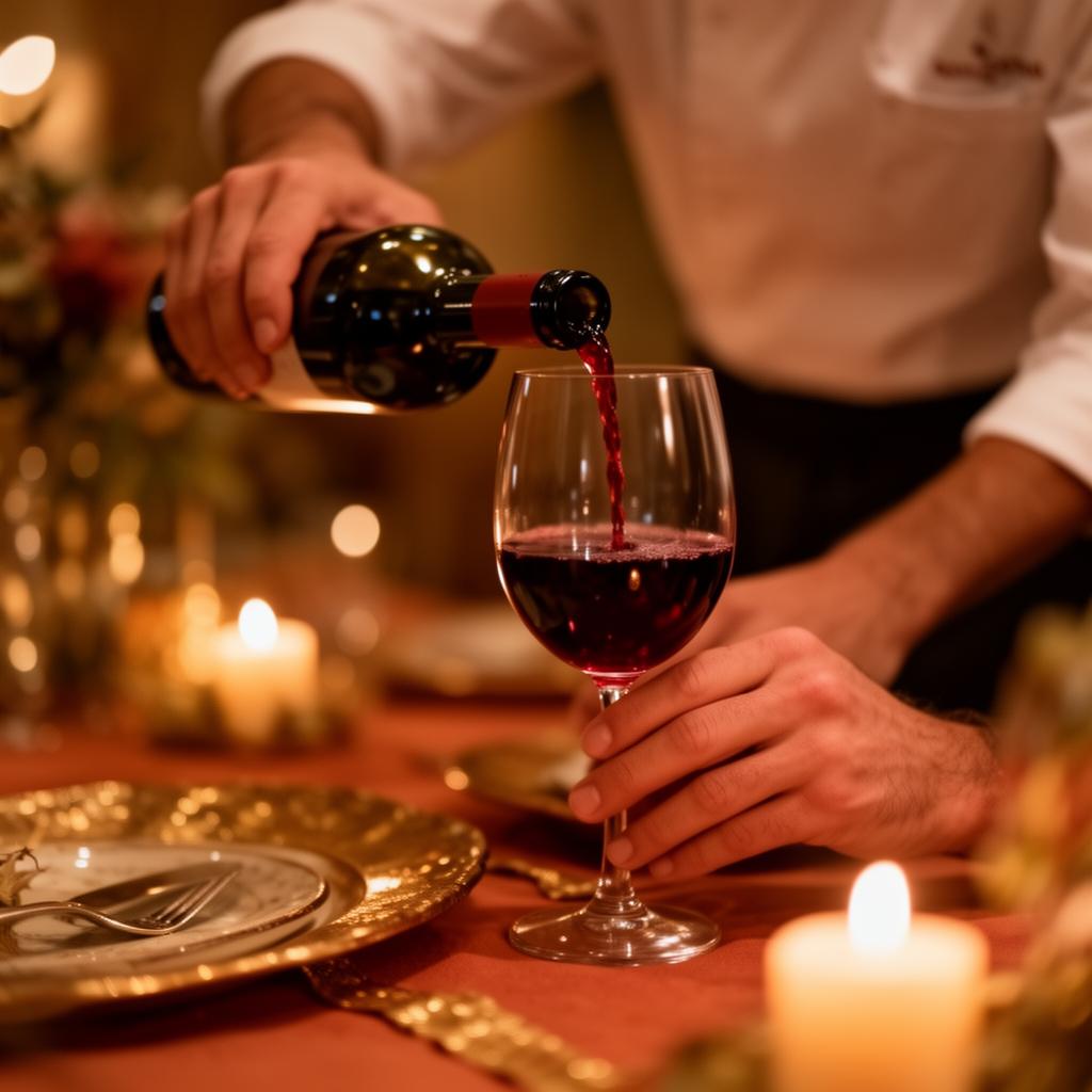 Pouring Portuguese red wine by candlelight